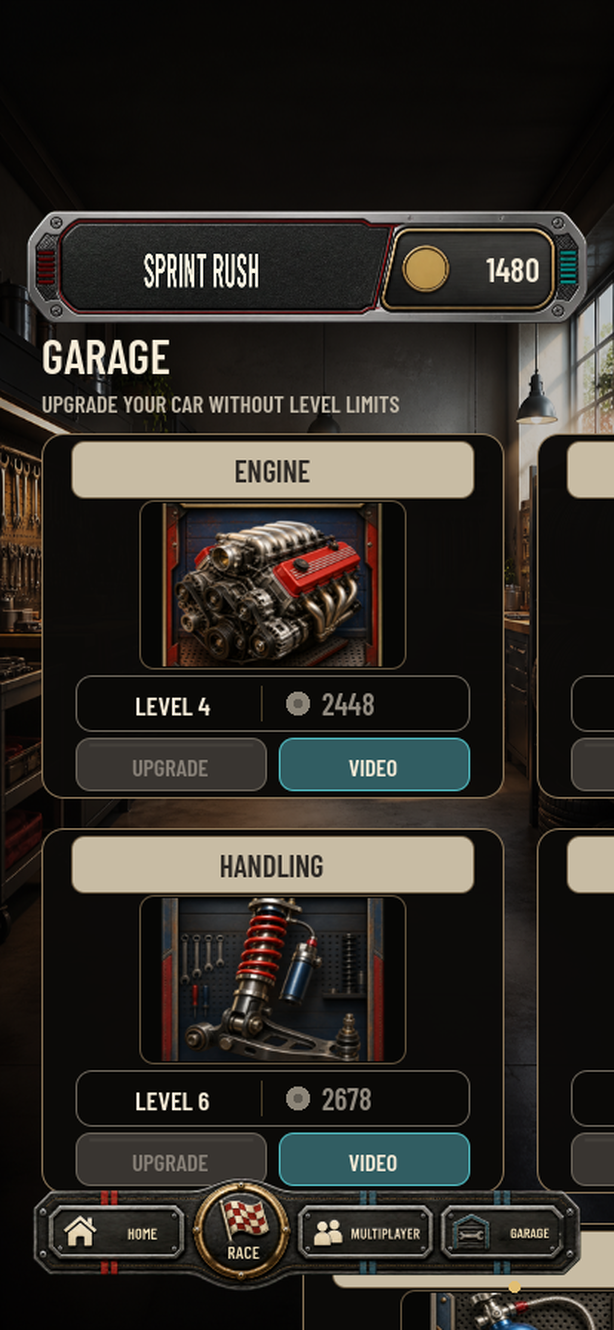 Sprint Rush car upgrade garage